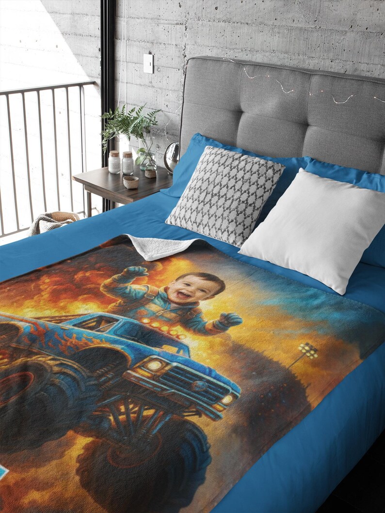 May include: A soft fleece blanket featuring a vibrant, colorful illustration of a joyful child with arms raised, riding in a blue monster truck. The background depicts a fiery, explosive scene with bright orange and yellow flames and dark smoke.