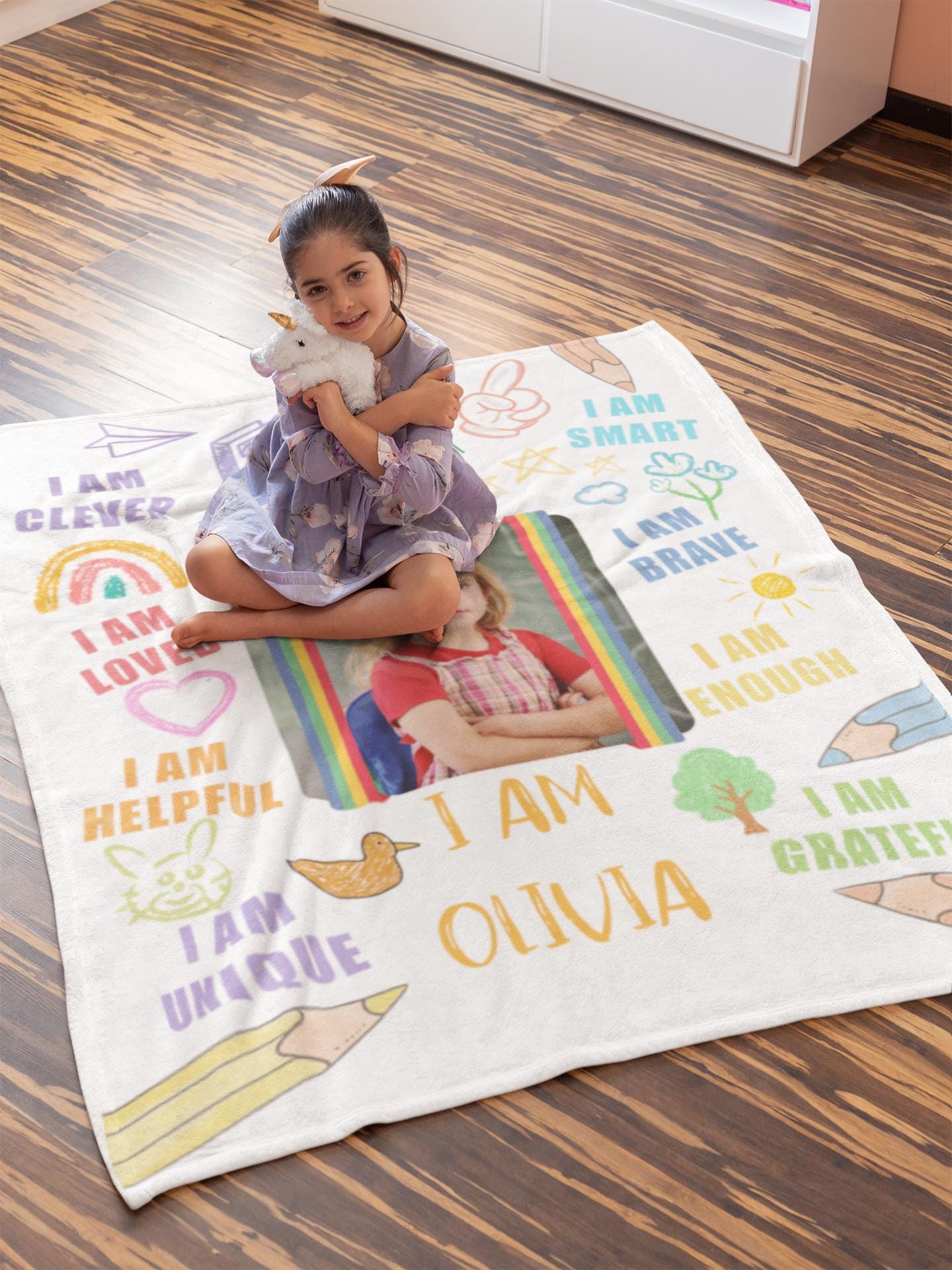 Custom Affirmation Blanket for Kids,Personalized Name & Photo, Back to School or Birthday Gift, Inspirational kids blanket, Girls Room Decor