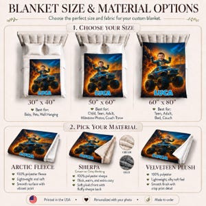 May include: A custom blanket size and material guide featuring three sizes: 30 by 40 inches, 50 by 60 inches, and 60 by 80 inches. The blankets display a graphic of a child driving a monster truck with the name Luca. Material options include arctic fleece, sherpa with cream or gray backing, and velveteen plush.