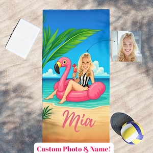 Personalized Flamingo Beach Towel,Funny Bachelorette Towel Bikini Girl,Custom Pool Towel,Flamingo Beach Gifts,Beach Day Gift,Fun Pool Towel