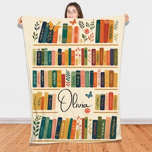 Vintage Bookshelf Library Throw Blanket, Cottagecore Book Wildlowers Blanket Gift For Book Lover Library Gift Floral Bookish Gift For Reader