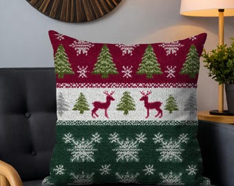 Scandinavian Reindeer and Pine Tree Knit Winter Pillow Cover, Botanical Christmas Decor, Christmas Cushion.