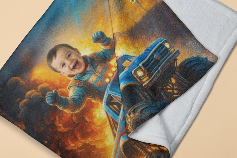 May include: A soft plush blanket featuring a vibrant, colorful print of a smiling child wearing a blue flight suit, positioned next to a large blue monster truck. The background displays a fiery, orange and yellow explosion with dark smoke.