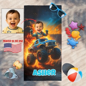 Anpassad monstertruck-strandhandduk med foto, födelsedagspresent till barn, pojkar, barnbarn och son.