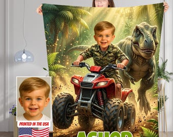 Personalized Dinosaur Blanket with Face and Name, Custom Kids Adventure Blanket Gift, Monster Truck Gift for Boys.