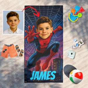Personalized Kids Superhero Beach Towel,Custom Face & Name Spiderboy Pool Towel,Personalized Beach Towel For Boys,Custom Spider Beach Towel.