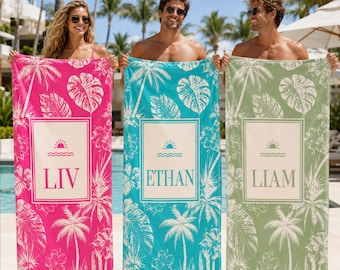 Personalisiertes Tropisches Strandtuch, Benutzerdefinierte Küsten Name Sommer Pool Urlaub Geschenk, Familien Strand Ausflug.