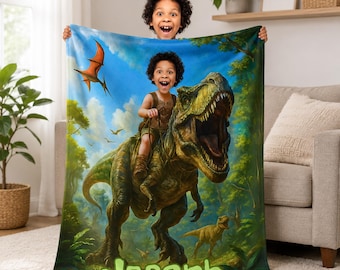 Personalized Dinosaur Blanket with Child’s Photo and Name, Custom Dino Riding Design for Kids.