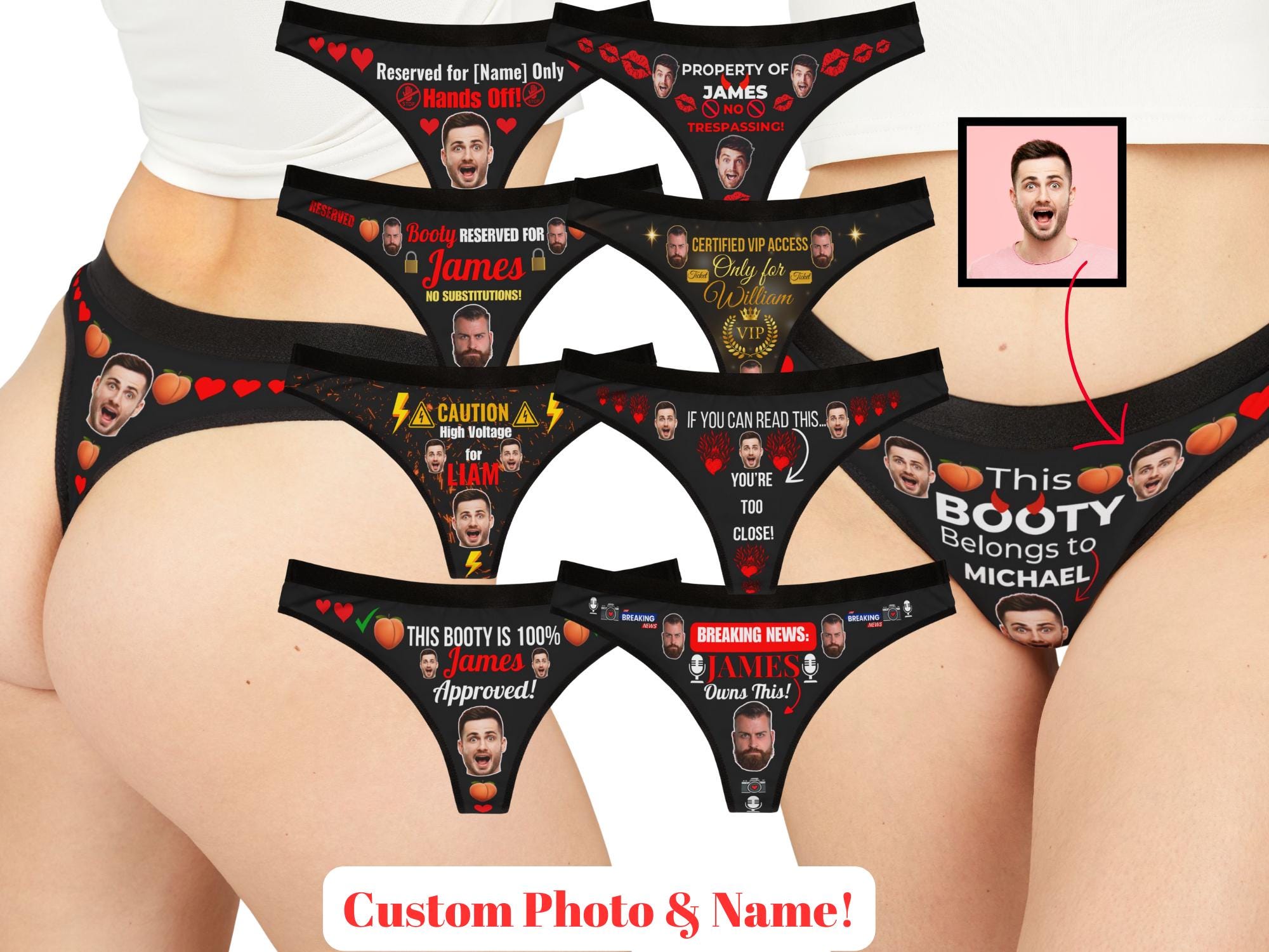 Frecher personalisierter Tanga für Damen Zapfen, Spaß und Flirty personalisierte Gesichts Dessous für Junggesellenabschied, Jubiläen und Romantische Geschenke für Sie
