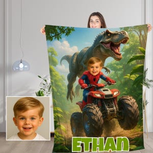 Personalized Dinosaur/Superhero Monster Truck Blanket with Child’s Face & Name,Custom Fun Adventure Boy’s Throw,T-Rex Gift for Birthday/Xmas