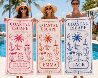 Telo mare personalizzato con motivo costiero, regalo per le vacanze estive con nome personalizzato, regalo per un viaggio al mare con gli amici.