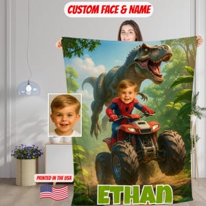 Personalized Dinosaur/Superhero Monster Truck Blanket with Child’s Face & Name,Custom Fun Adventure Boy’s Throw,T-Rex Gift for Birthday/Xmas