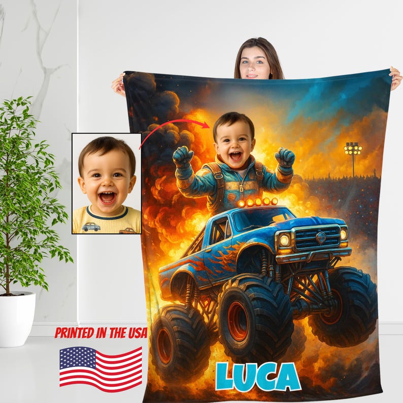 May include: A custom fleece blanket featuring a large, colorful graphic of a toddler driving a blue monster truck through a fiery explosion. The name LUCA is printed in bold blue letters at the bottom. An inset shows the original photo of the child.