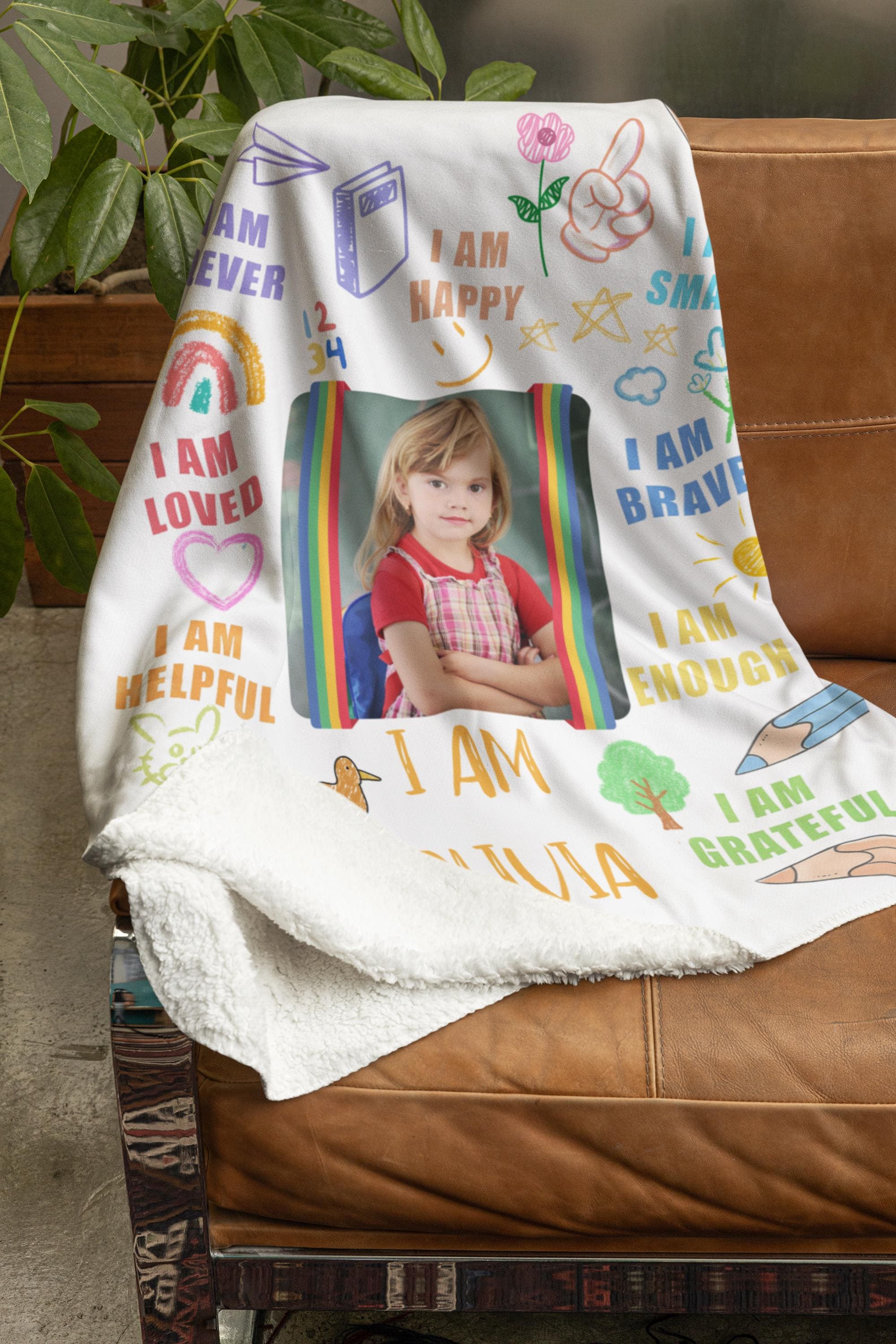Custom Affirmation Blanket for Kids,Personalized Name & Photo, Back to School or Birthday Gift, Inspirational kids blanket, Girls Room Decor
