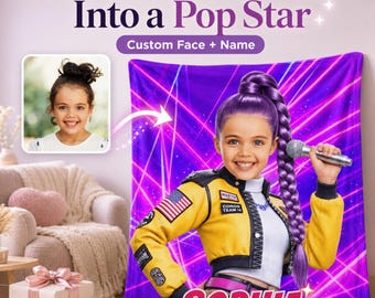 Personalized Pop Star Girl Blanket with Child’s Face & Name, Anime Style Girl Gift.