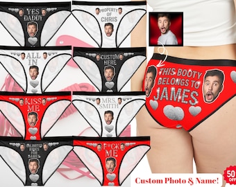 Freche personalisierte Damenunterwäsche, benutzerdefinierte Tanga-Gesicht mit Namen, lustiges Geschenk für Freundin, spielerische Dessous, Unterwäsche für Braut / Junggesellinnenabschied.