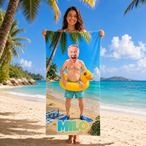 Personalized Duck Float Beach Towel, Custom Face Name Funny Summer Gift, Fun Dad Gift.
