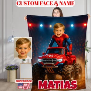 Personalized Superhero Monster Truck Blanket with Child’s Face & Name,Custom Spider Boy’s Throw,Fun Superhero Gift for Birthday/Christmas