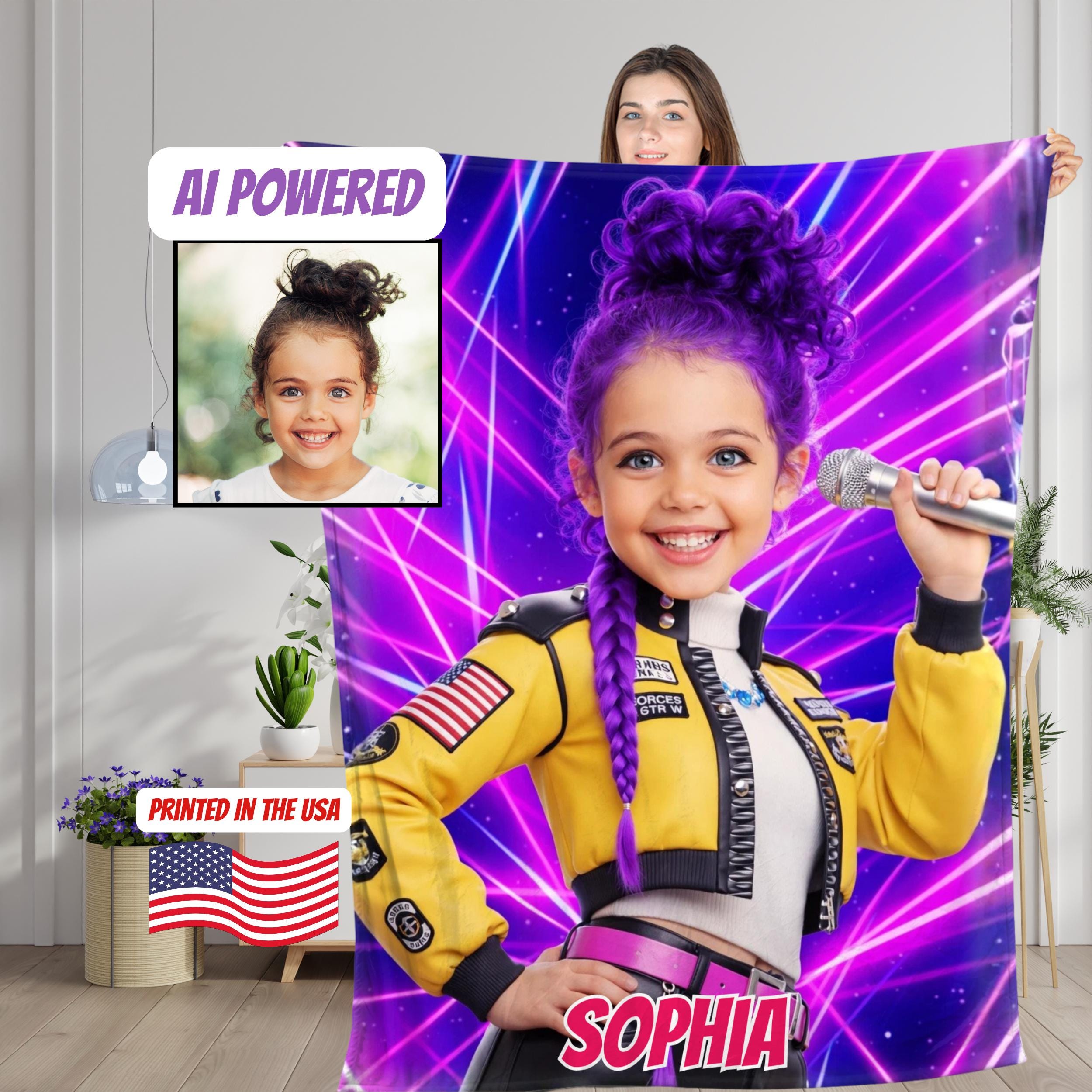 Discover Personalized Kpop Hunter Blanket with Childs Face & Name, Anime Style Girl Gift