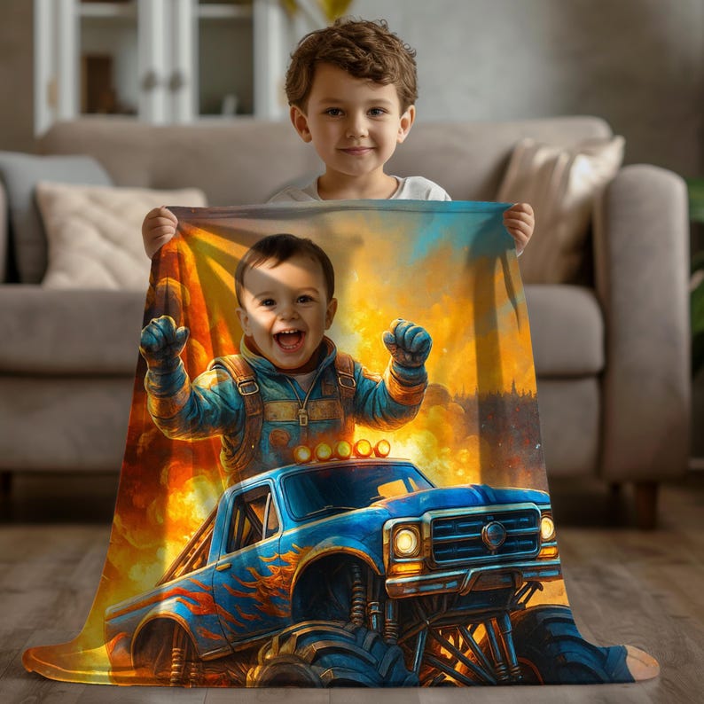 May include: A rectangular throw blanket featuring a vibrant, colorful graphic print of a smiling child wearing a blue jacket, positioned above a blue monster truck with orange flame decals against a bright yellow and orange sunset background.