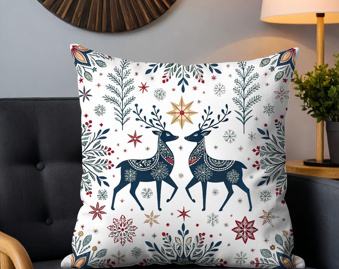 Scandinavian Christmas Cushion Cover with Nordic Reindeer, Swedish Folk Art Holiday Decor, Christmas PIllow.