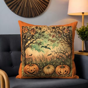 William Morris Inspired Halloween Pillow Cover,Rustic Fall Autumn Pumpkin Pillow,Vintage Pumpkin & Bat Throw Pillow, Fall Gothic Home Decor.