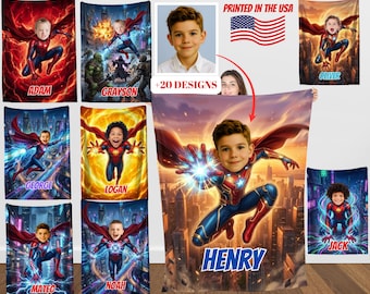 Personalized Spider Hero Blanket with Child’s Photo and Name, Custom Superhero Design for Kids.