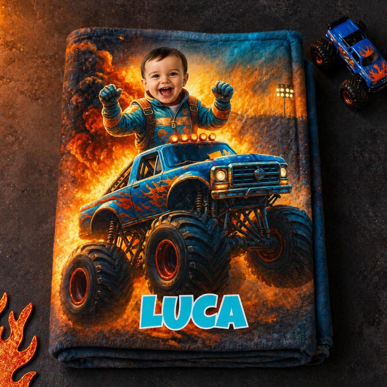May include: A soft rectangular blanket featuring a vibrant graphic of a young child with arms raised, sitting atop a blue monster truck with orange flame decals. The background shows an explosion of fire and smoke. The name LUCA is printed in blue.