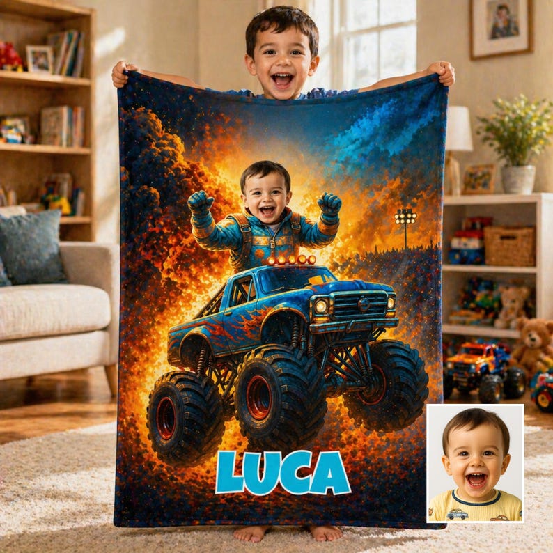 May include: A rectangular fleece blanket featuring a vibrant graphic of a child driving a blue monster truck against a fiery orange and dark blue background. The name LUCA is printed in large, bold, light blue letters at the bottom of the blanket.