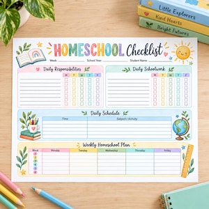 Puede incluir: Una hoja de planificación escolar rectangular con encabezados coloridos y secciones para responsabilidades diarias, tareas escolares, un horario y un plan semanal. El diseño incluye ilustraciones de un libro, un globo terráqueo, un sol y lápices, con el texto "HOMESCHOOL Checklist".