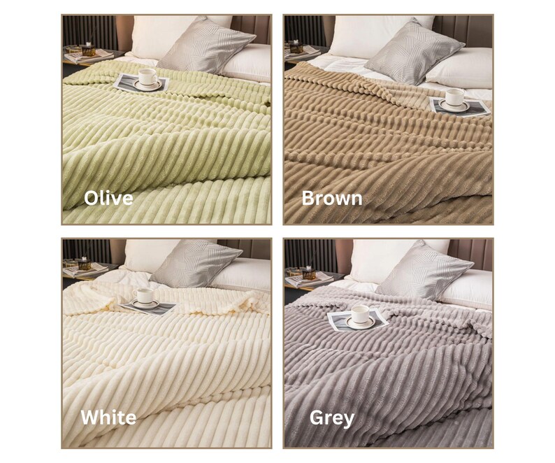May include: A set of four plush blankets in olive, brown, white, and grey. Each blanket is displayed on a bed with a pillow and a cup and saucer. The blankets have a ribbed texture and the color name is displayed on each blanket.