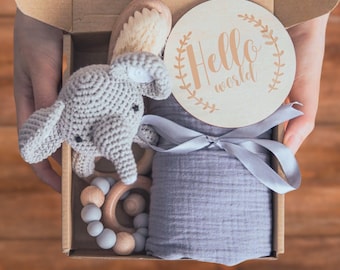 Newborn Gift Box: Crochet Animal Rattle, Blanket, Brush, Bracelet - 6 Piece Set