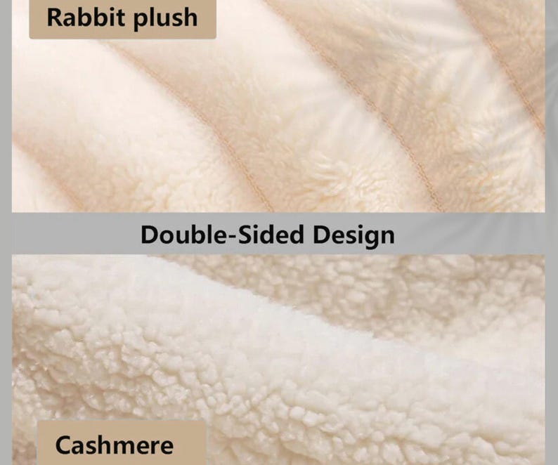 May include: Close-up of a double-sided plush material. The top section is labeled "Rabbit plush" and features a soft, light beige texture. The bottom section, labeled "Cashmere," has a textured, off-white appearance.