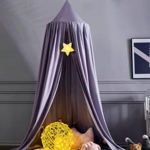 May include: A lavender-colored canopy bed with a star-shaped light fixture. The canopy is draped and hangs from the ceiling, creating a cozy space. A yellow decorative ball and stuffed animals are visible below.