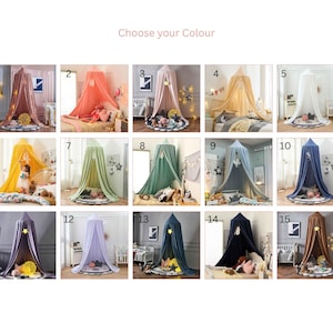 May include: A selection of fifteen different colored bed canopies, each with a star-shaped light and decorative elements. The canopies are in various colors, including pink, yellow, blue, and green, and are displayed in a bedroom setting.