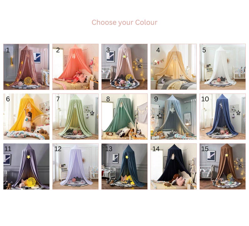 May include: A selection of fifteen different colored bed canopies, each with a star-shaped light and decorative elements. The canopies are in various colors, including pink, yellow, blue, and green, and are displayed in a bedroom setting.