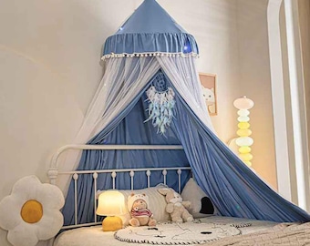 Lit à baldaquin pour enfant | Rideau en filet pour enfants | Auvent suspendu avec franges pour chambre de bébé | Baldaquin bohème mignon