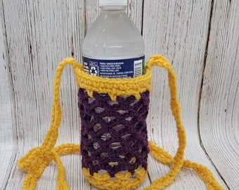 Water Bottle Carrier Bag Tote Crochet Purple Gold
