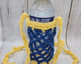 Water Bottle Carrier Bag Tote Crochet Blue Yellow