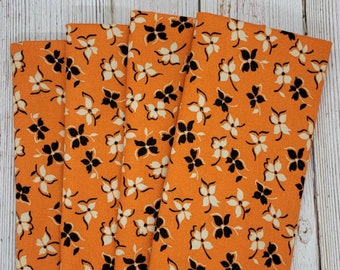 Floral Dinner Cloth Napkins Flowers Black White on Orange Lunch Back to School Lunchbox Set of 4