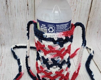 Water Bottle Carrier Bag Tote Crochet Red White and Blue Patriotic