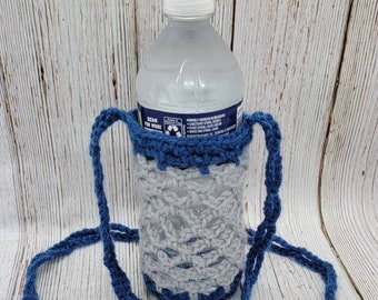 Water Bottle Carrier Bag Tote Crochet Gray Blue