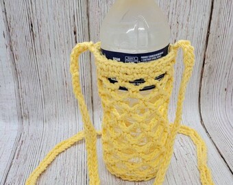 Water Bottle Carrier Bag Tote Crochet Solid Yellow