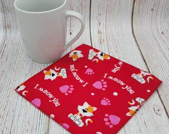 Valentine's Day Snack Napkins, I Meow You, Cats Heart Paws, Kids Lunch Napkins, Metallic Glitter Paws, Beverage Napkins, 6 Inch, Set of 5