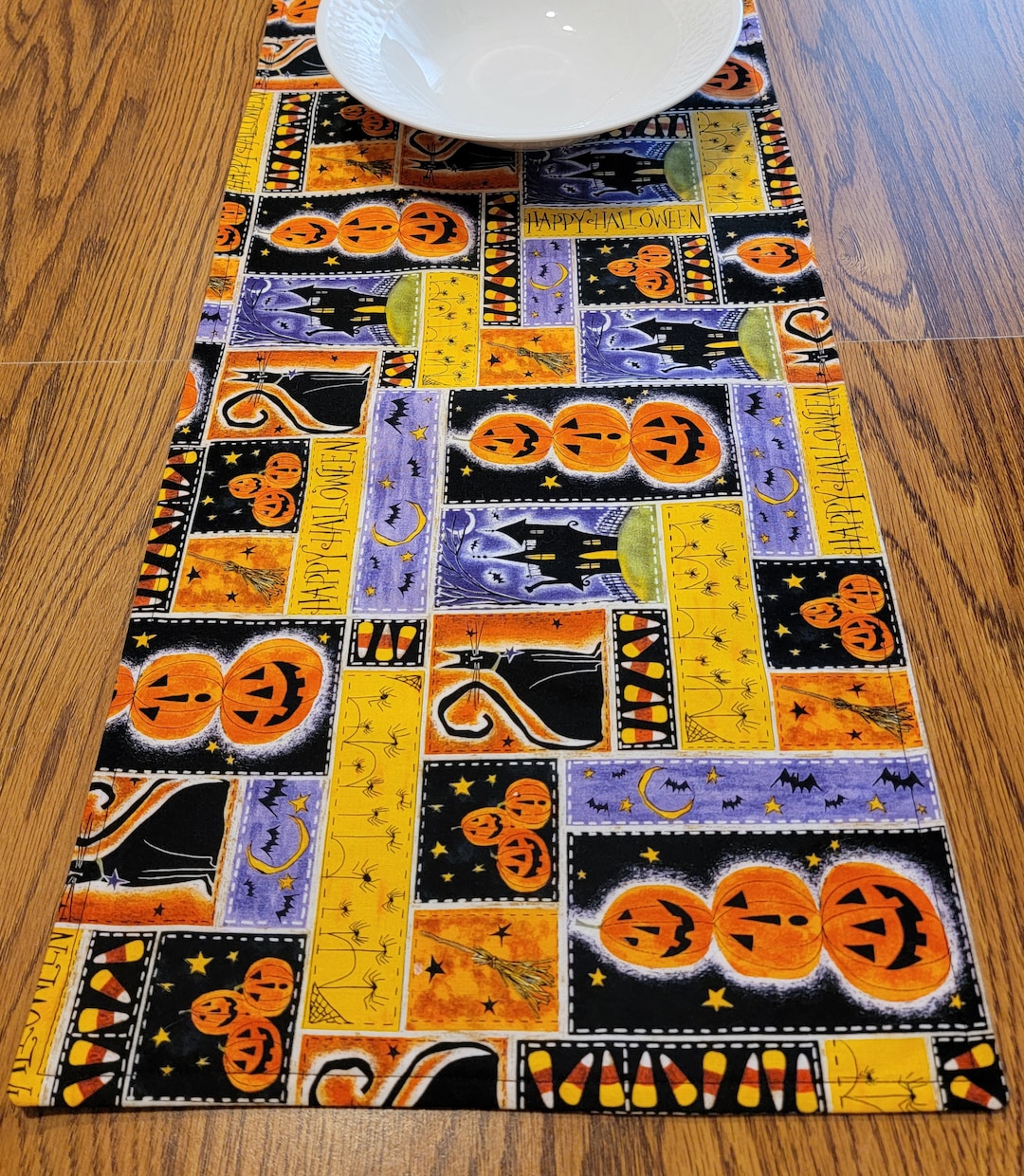Happy Halloween Kids Table Runner Pumpkins Haunted House Candy Corn ...