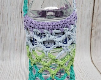 Beverage Cozy, Water Bottle Carrier, Coffee Tumbler Carrier, Soda Bottle Carrier, Phone Carrier, Crochet Bag, Variegated Purples and Greens