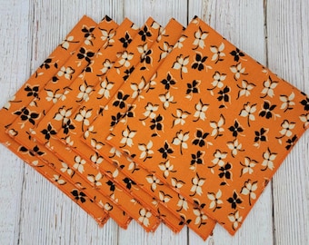 Floral Napkins Cloth Flowers Black White on Orange Lunch Dinner Lunchbox Back to School Set of 6