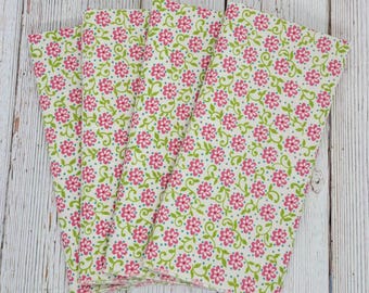 Pink Floral Cloth Napkins, Set of 4, 16 Inch Dinner Napkins, Green Vine & Teal Dot Print, Reusable Fabric Napkins