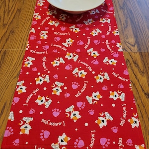 Valentines Day Table Runner, I Meow You, Cat Table Runner, Snack Bar Runner, Kids Valentines Runner, 12&quot; x 41&quot;