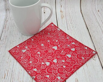 Valentine's Day Beverage Napkins, Silver Hearts, Swirls, Snack Napkins, Lunchbox Napkins, Teachers Gift, 6 Inch, Set of 5